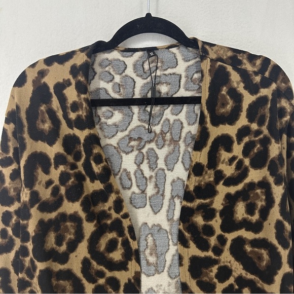 Open Front Leopard Print Long Sleeve Long Cardigan Size Medium Brown - Picture 2 of 10